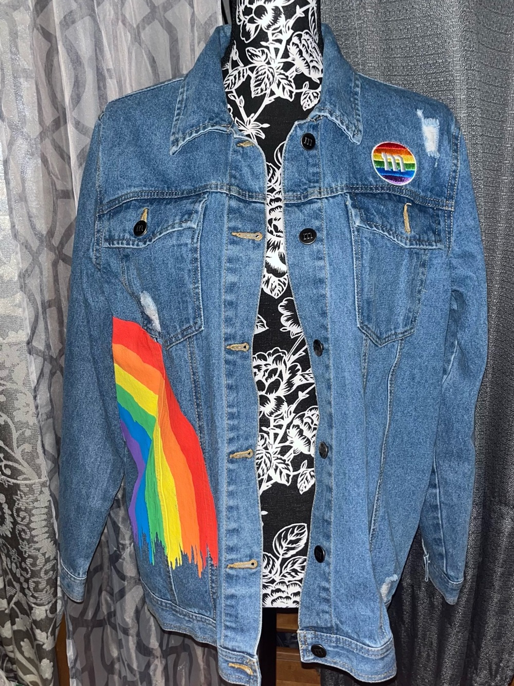 M&m’s Denim Jacket with Rainbow Pride vibes splatter Paint size large